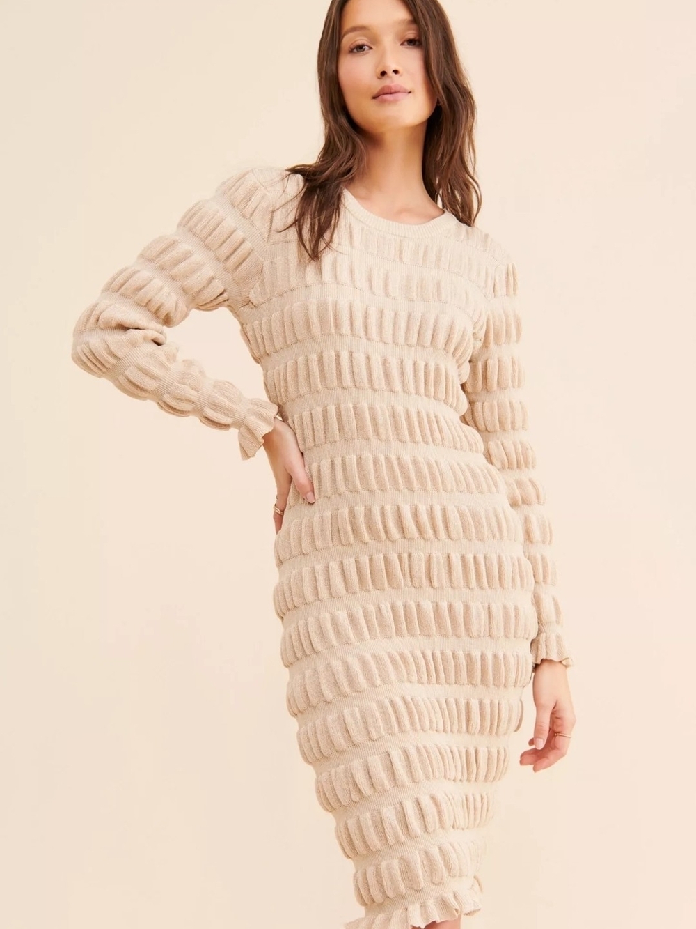 Anthropologie Current Air Puffed Cream W/Gold Specks Textured Midi Sweater Dress